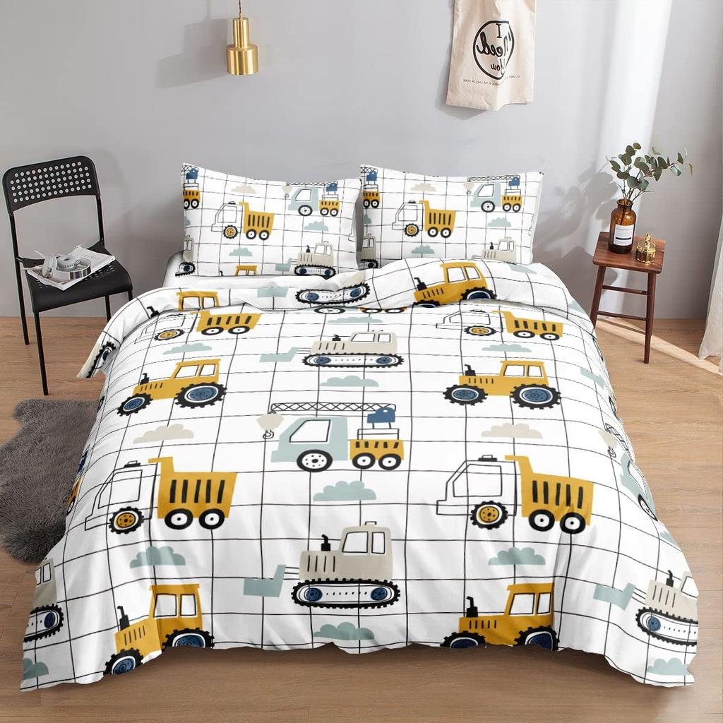 Excavator Duvet Cover Set Twin Queen Size Cartoon Truck Bedding Set Kids Teens Room Decor Construction Vehicle Comforter Cover