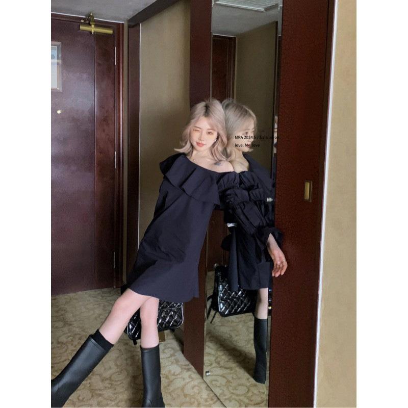 

French gentle wind ruffle leaf edge slanted shoulder dress women s early autumn temperament advanced sense beautiful loose a word short skirt S темно-синий
