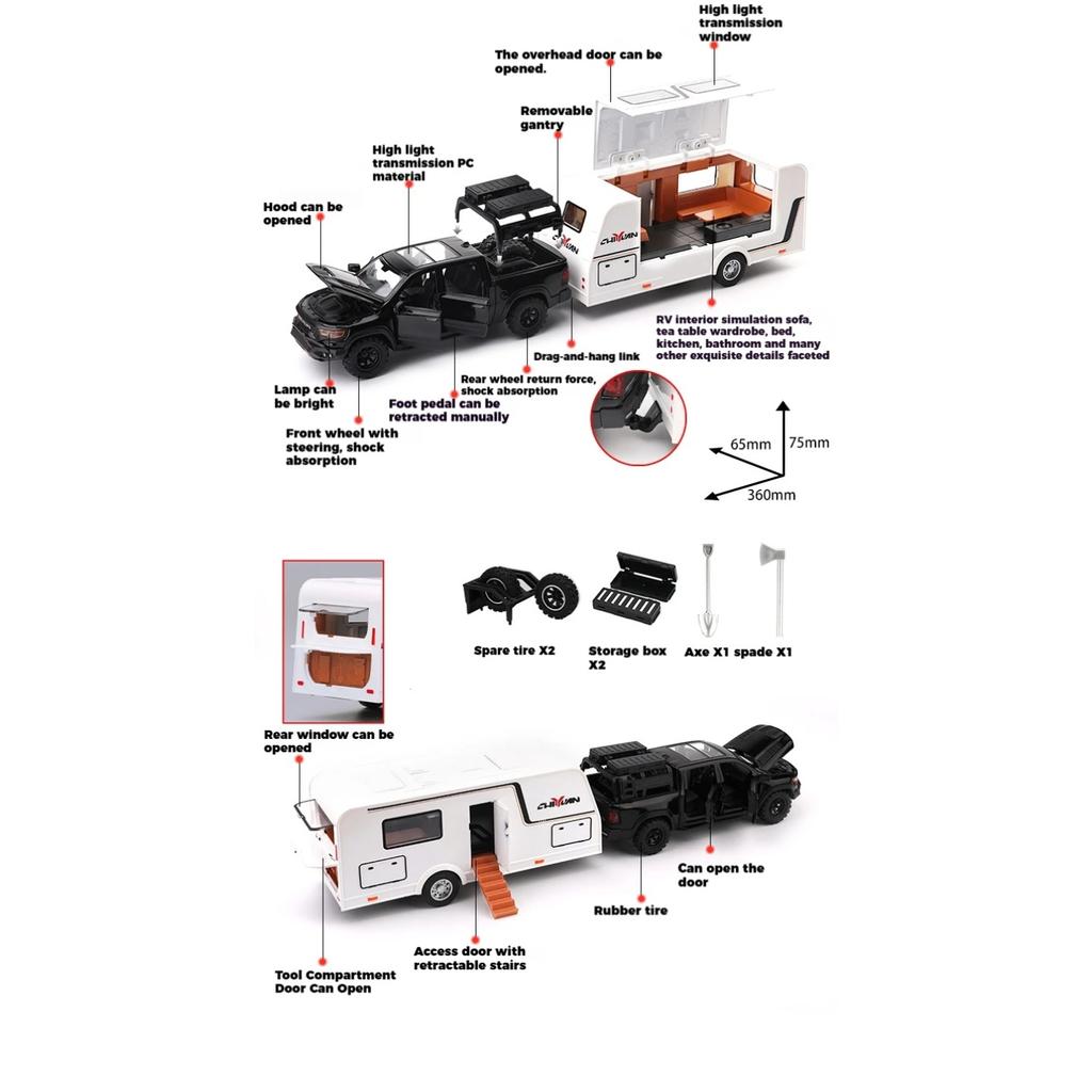 1/32 DODGE Mammoth 1000 TRX RV Car Off Road Vehicle Alloy Diecast Model Camping Car Children's Toy Car Home Decoration Ornaments