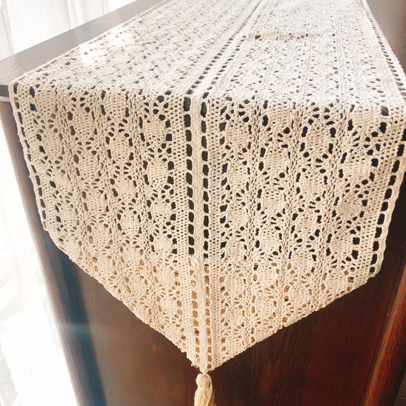 French Lace Rectangular Polyester Linen Woven Table Runner - Decorative Table Cover with Hollow Crochet Design for Coffee Table, TV Stand, Long Table
