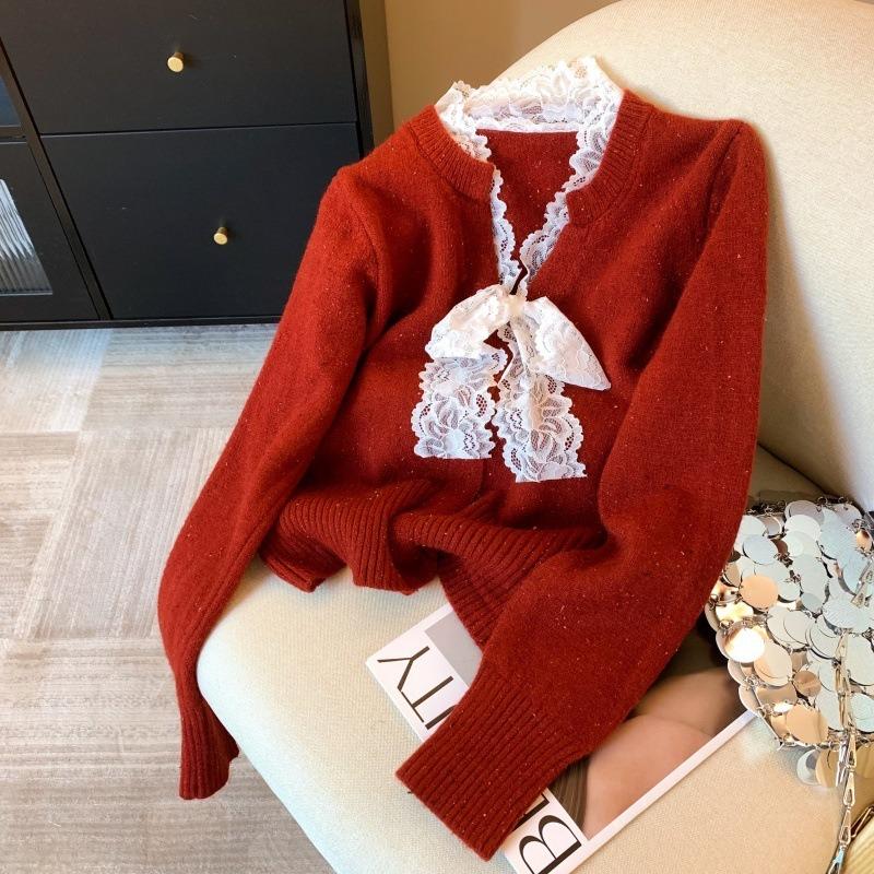 

Burgundy short neck sweater women s new temperament age-reducing chic beautiful lace knitted sweater one size fits all чорний
