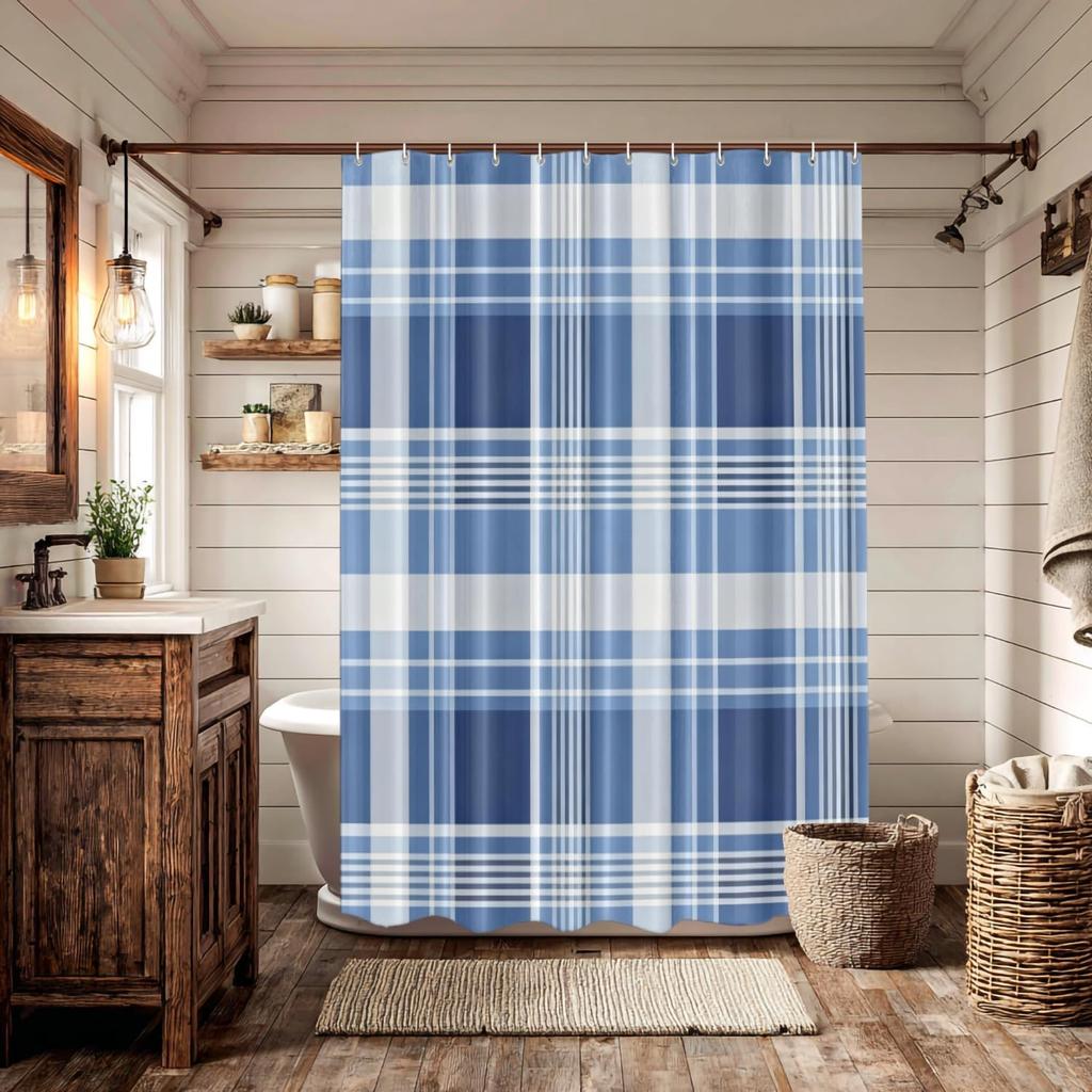 Blue and White Plaid Checkered Pattern Waterproof Shower Curtain 180x200cm Classic Tartan Style Bath Curtain Rustic Home Decor