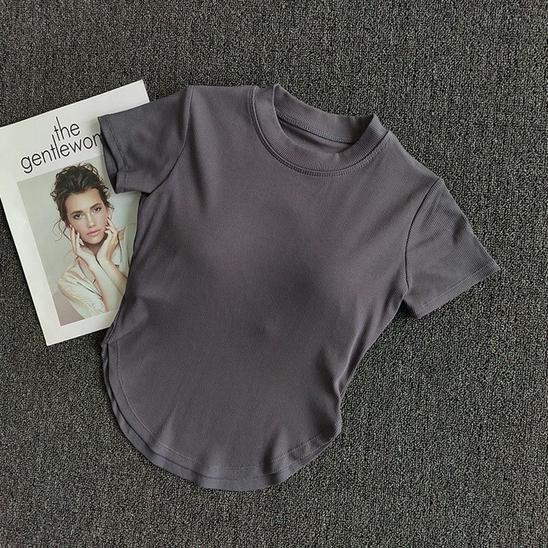 

Sports Fitness Yoga Clothes With Chest Pad Short sleeve T-shirt Women clothes Summer Gyaru Casual Running Training Short Top Gray S