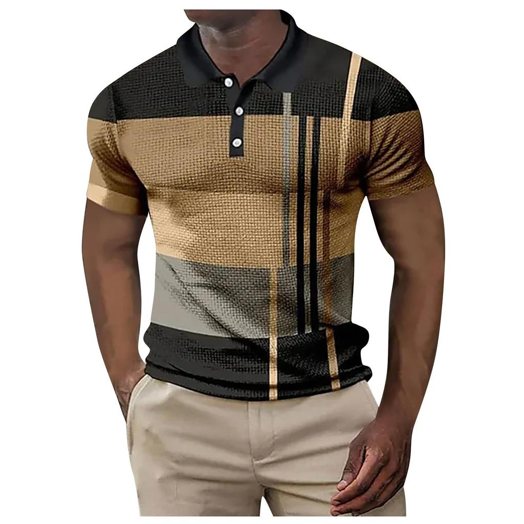 Men's Casual Striped Print Polo Shirt with Short Sleeves for Summer