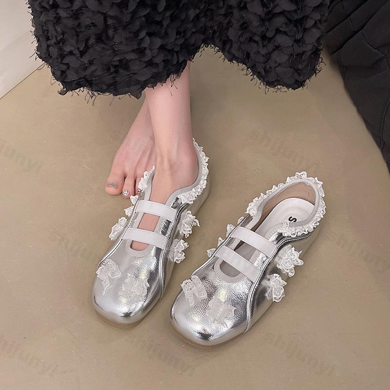 Damen Ballerinas Spitze Quadratische Spitze 2026 Sommer Herbst Kleid Weiches Leder Elegante Mary Jane Schuhe Outdoor Freizeitschuhe