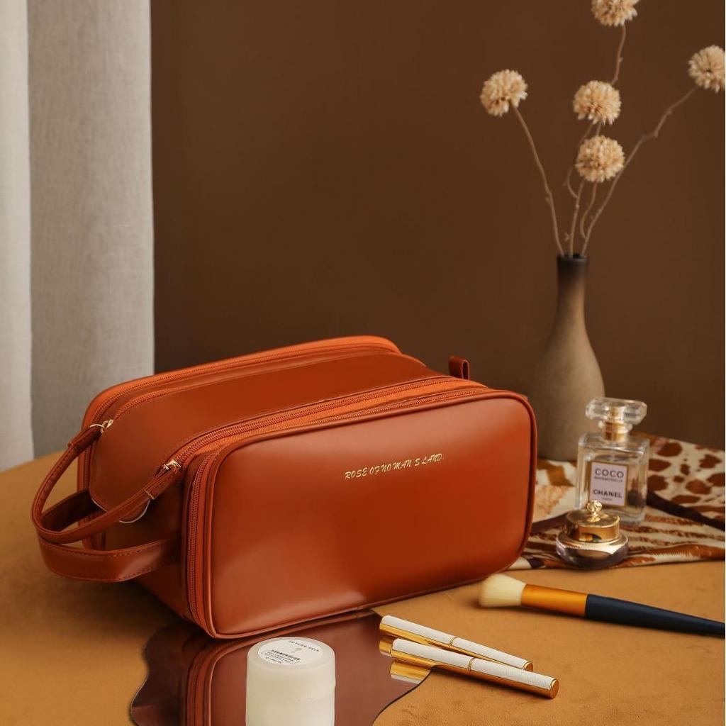 Double-Layer PU Travel Cosmetic Bag with Large Capacity