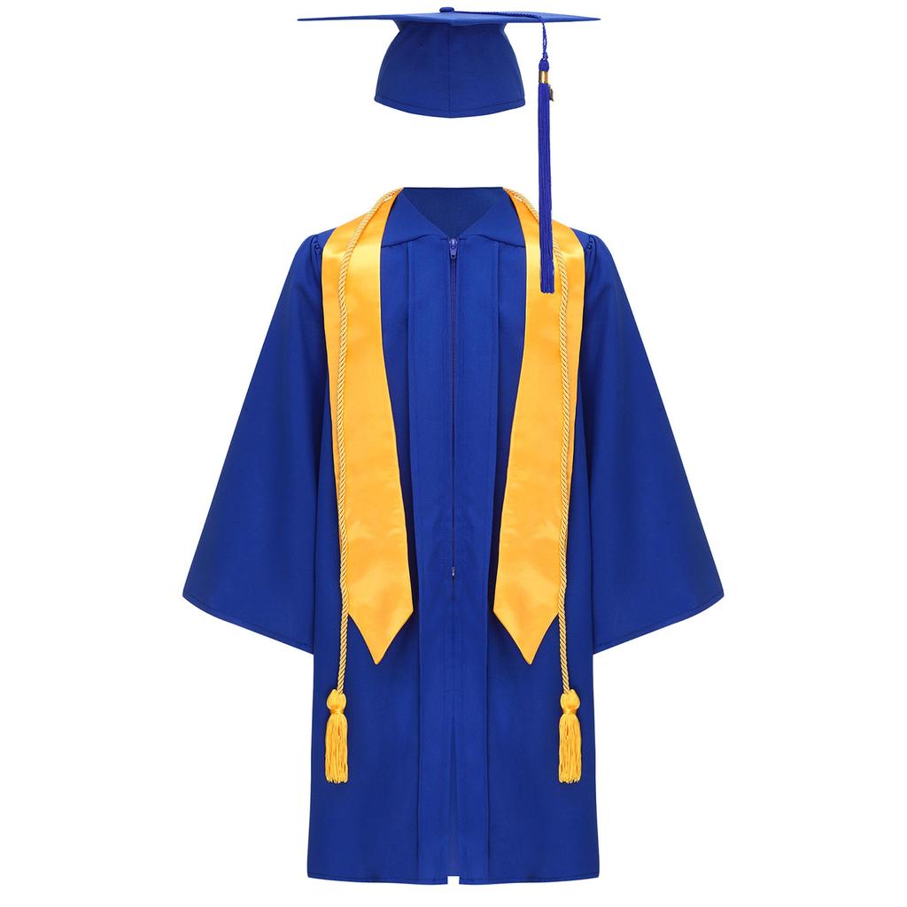 Unisex Kids Graduation Gown Set V Neck Long Sleeve Front Zipper Robe Academic Hat Stole Tassel Ceremony Outfit