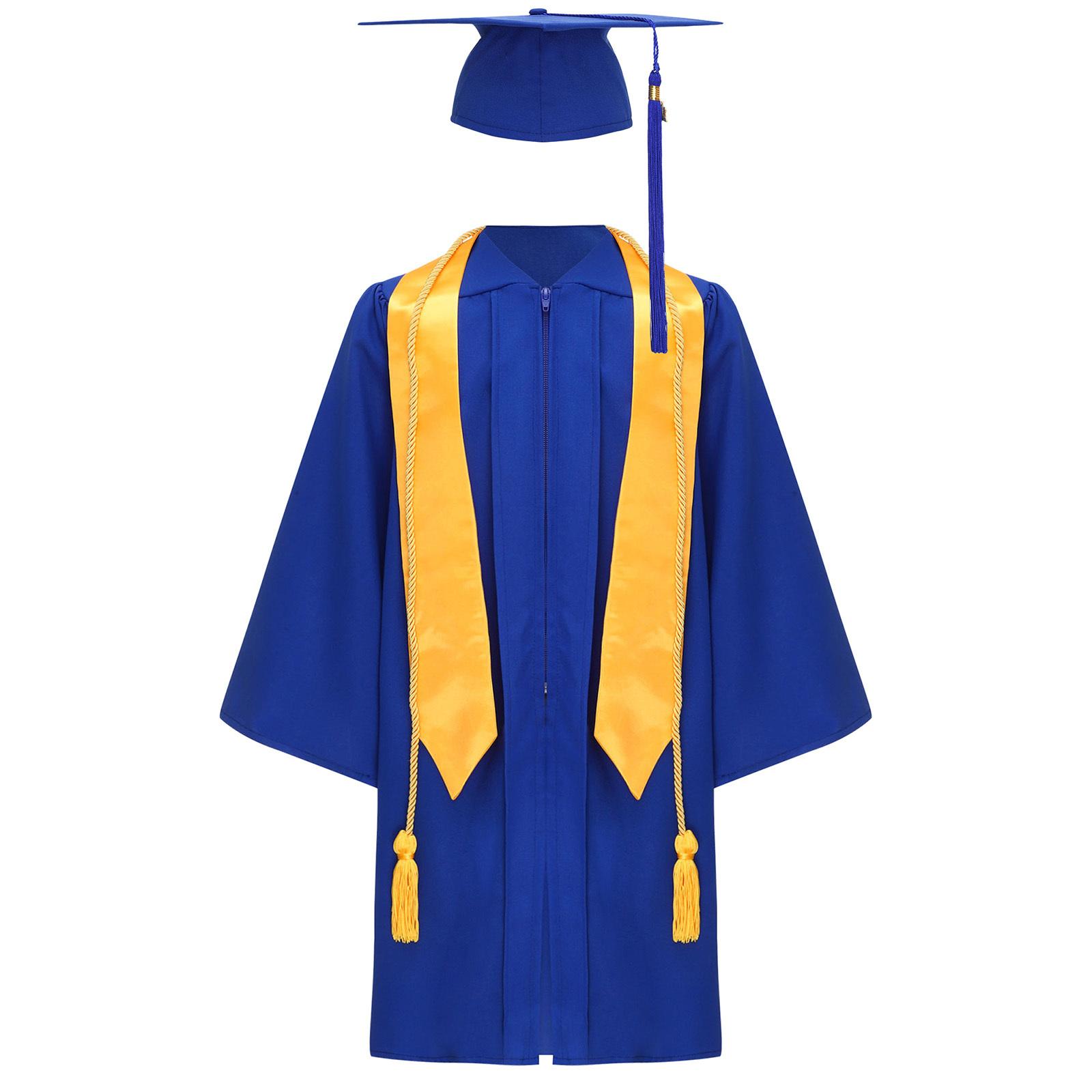 

Unisex Kids Graduation Gown Set V Neck Long Sleeve Front Zipper Robe Academic Hat Stole Tassel Ceremony Outfit синій