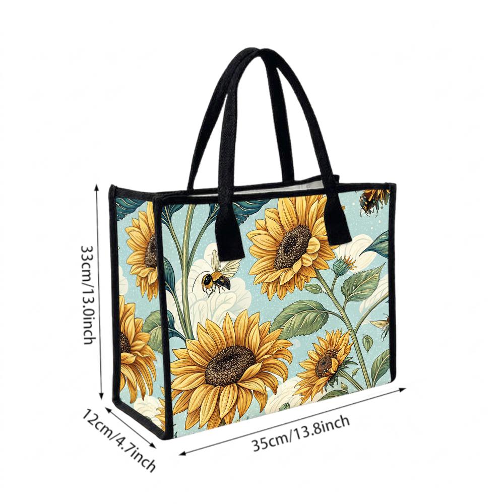 Sunflower Bee Print Tote Bag Portable Stylish Daily Use Casual Shoulder Bag