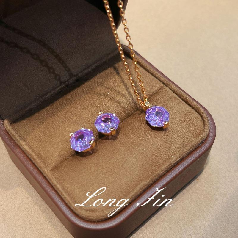 Millennium Rose Cut Violet Single Diamond Necklace Earrings Simple Premium Temperament Pull Collarbone Chain