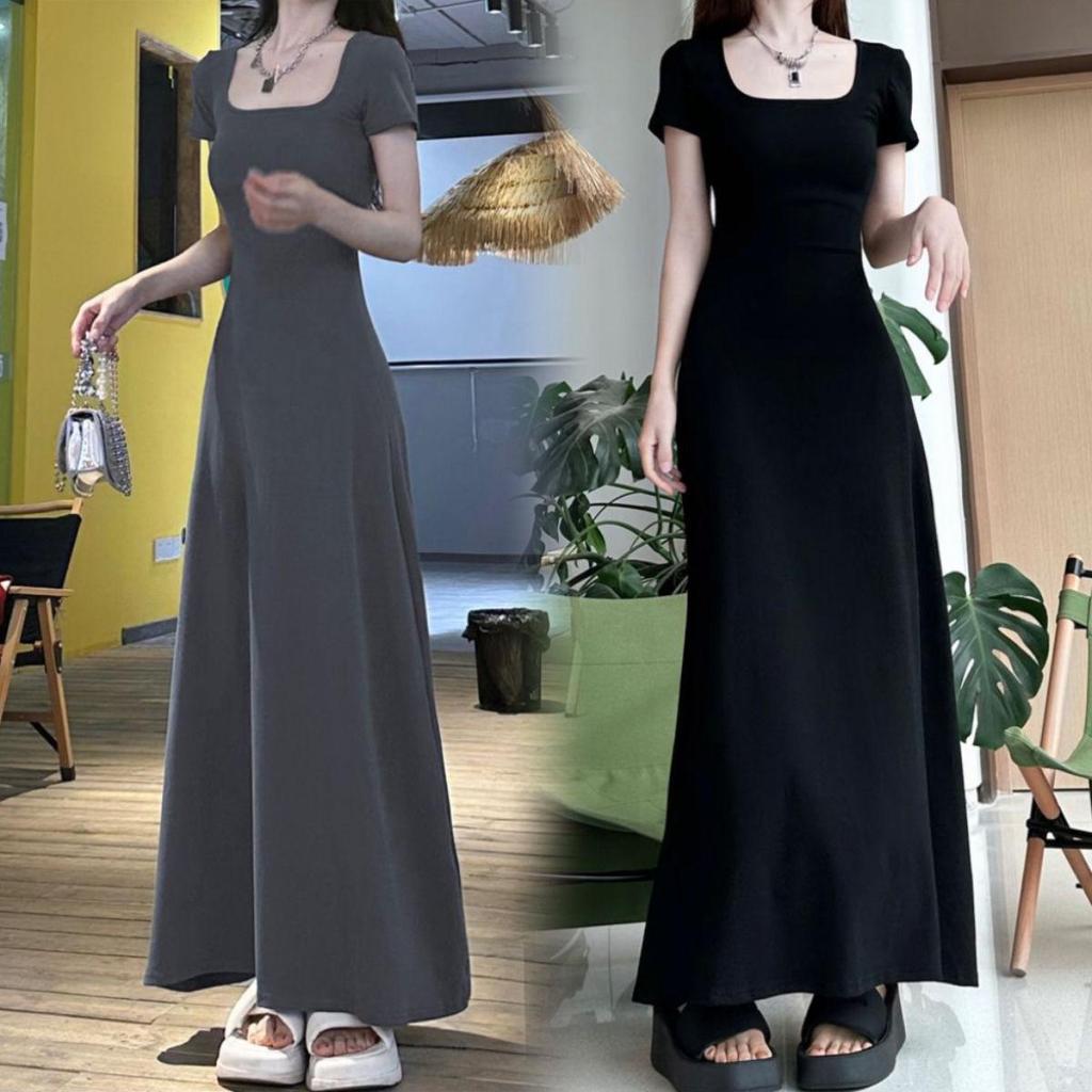 Elegant Slim-Fit Summer Dress: Short Sleeve, Waist-Cinching, Long Flared Skirt for Women - New Early Spring French Style