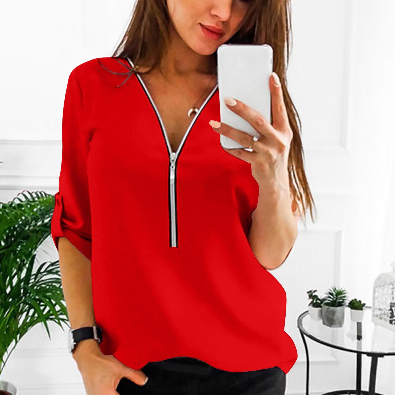 

Женская повседневная однотонная шифоновая рубашка с V-образным вырезом, рукавом семь четвертей и застежкой-молнией XXXXXL красный
