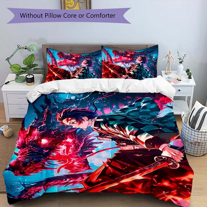 3pcs Demon Slayer Tanjiro Kamado Pattern Bedding Set Duvet Cover Set Includes Duvet Cover &pillowcases, Perfect All Season Bedroom Decoration & Gift