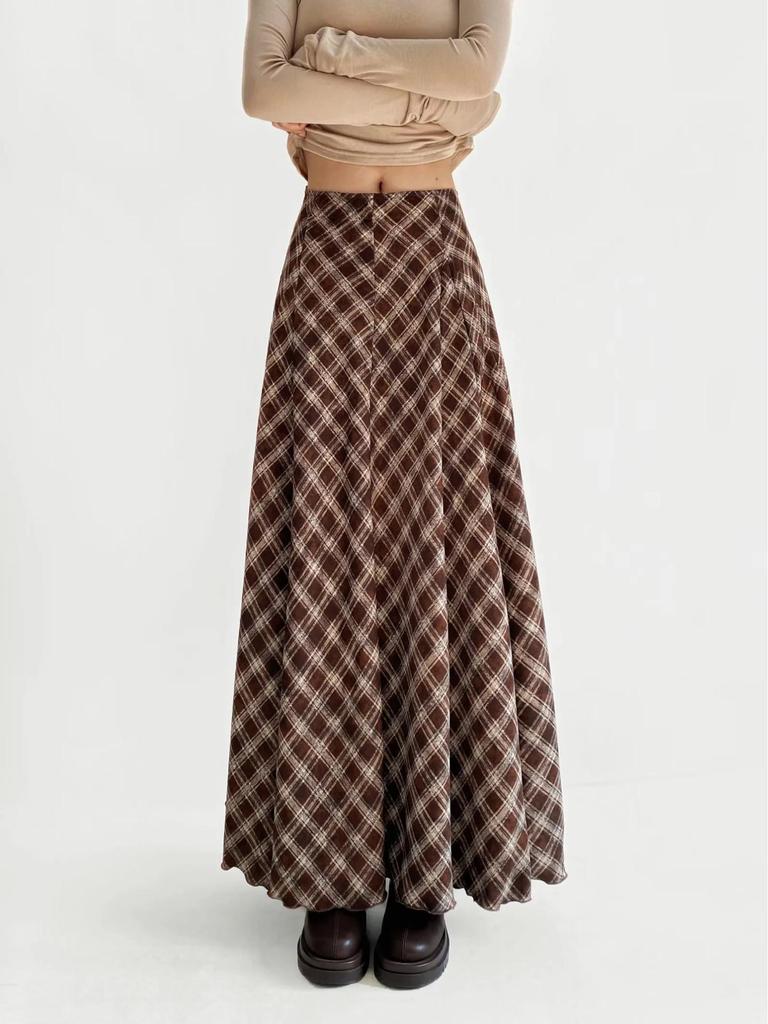 Triangle Panel High-Waisted Plaid A-Line Skirt - Women's Autumn/Winter Retro Style
