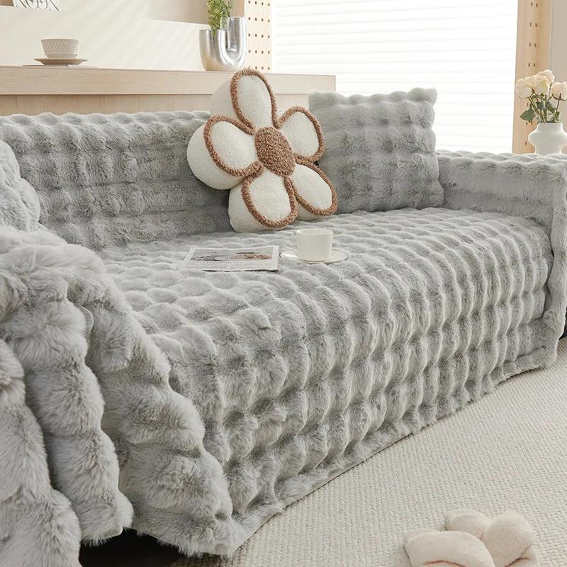 Plush Sofa Cover Thick Faux Fur Shaggy Fuzzy Sectional Couch Cover Universal Gray Furniture Cover Fluffy Sofa Slipcover