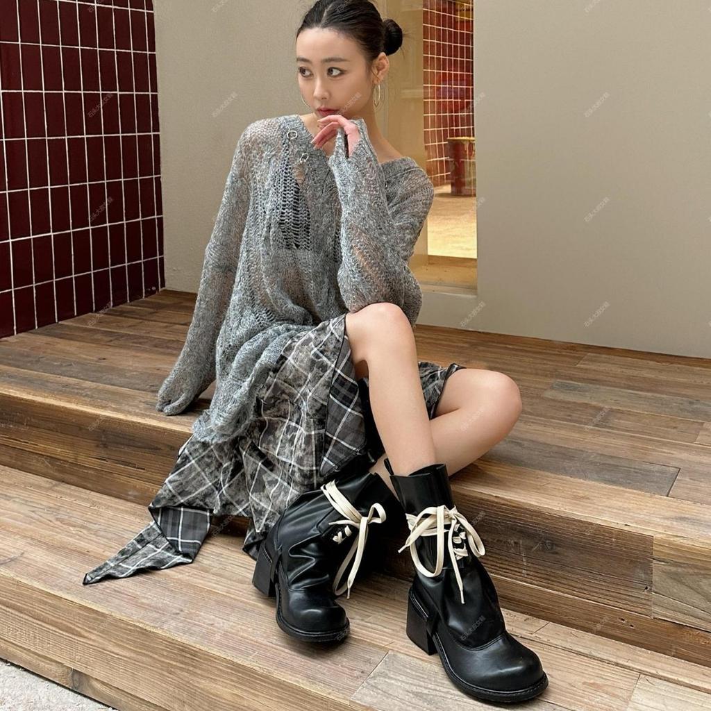 2025 spring new retro babes pile boots women's thick heel thin fashion boots round head height increase versatile Martin boots