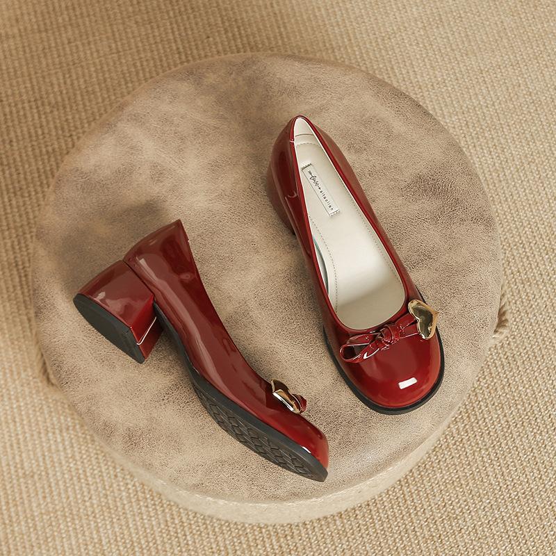 Mary Jane Women's Shoes Bow Love Thick Heel Round Head Light Mouth Single Shoes with Skirt Shoes