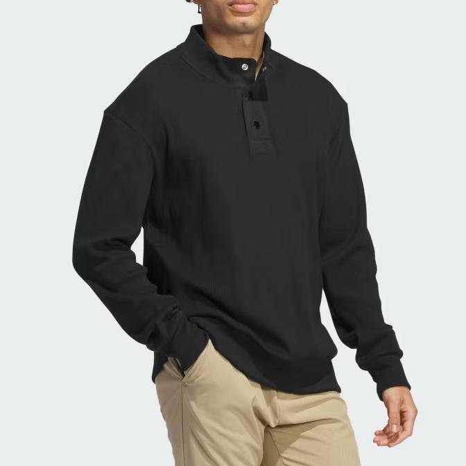 Adidas Comfortable Solid Color Casual Pullover Long Sleeve Polo Shirt Men Tops Black IW6716