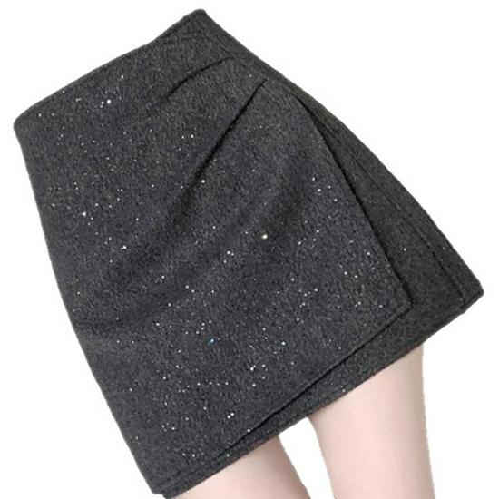 French Chic Glitter Bodycon Pleated Wool Blend Mini Skirt - High-Waisted Irregular Design for Autumn/Winter