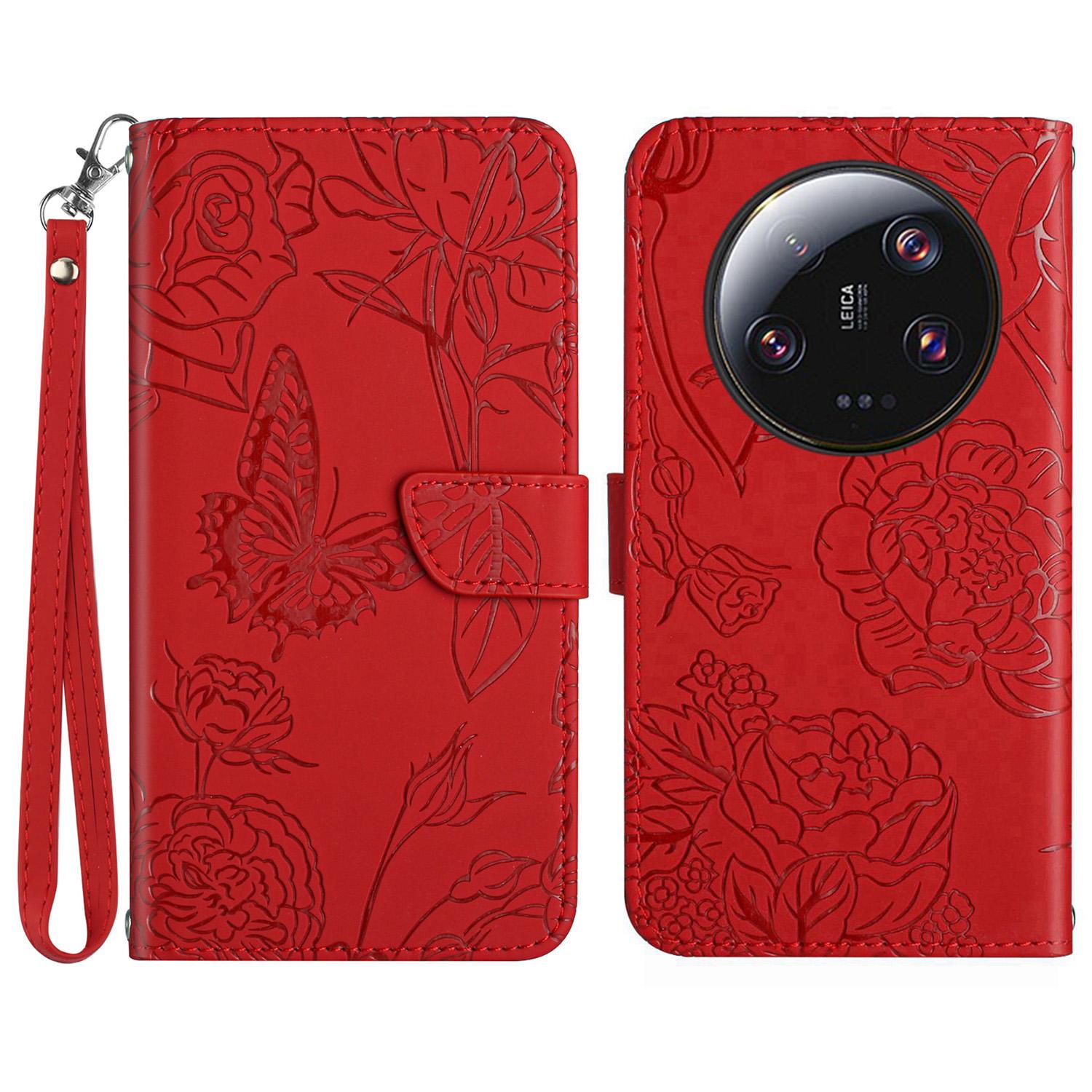 

HT03 Phone Case for Xiaomi 13 Ultra PU Leather Stand Wallet Butterfly Flowers Imprinted Flip Cover with Strap Red