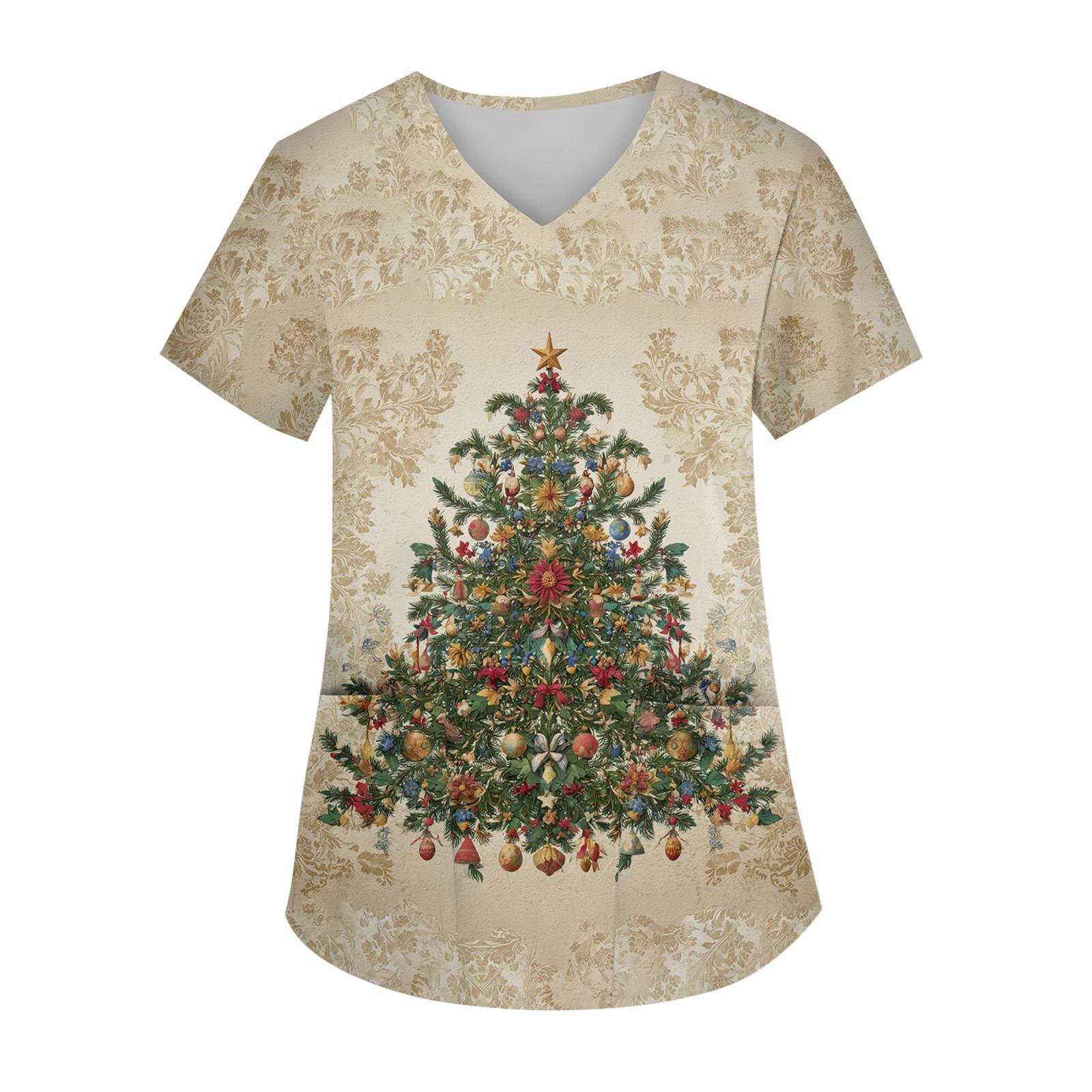 

Women s V-neck Christmas Print Short-sleeved Pocket Side Slit Uniform Top XXXXL бежевий