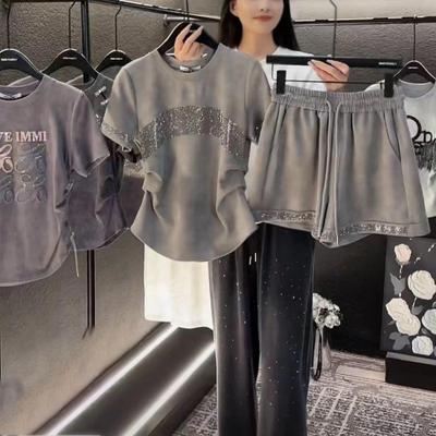 Fashion Slimming Short Sleeve T-Shirt Wide Leg Pants Two-Piece Set Summer Design Top and Bottoms Ensemble Elegant