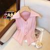 Sweet Pink 3D Floral Knitted Vest Women's Summer French Slim Fit Elegant Polo Collar Short Top