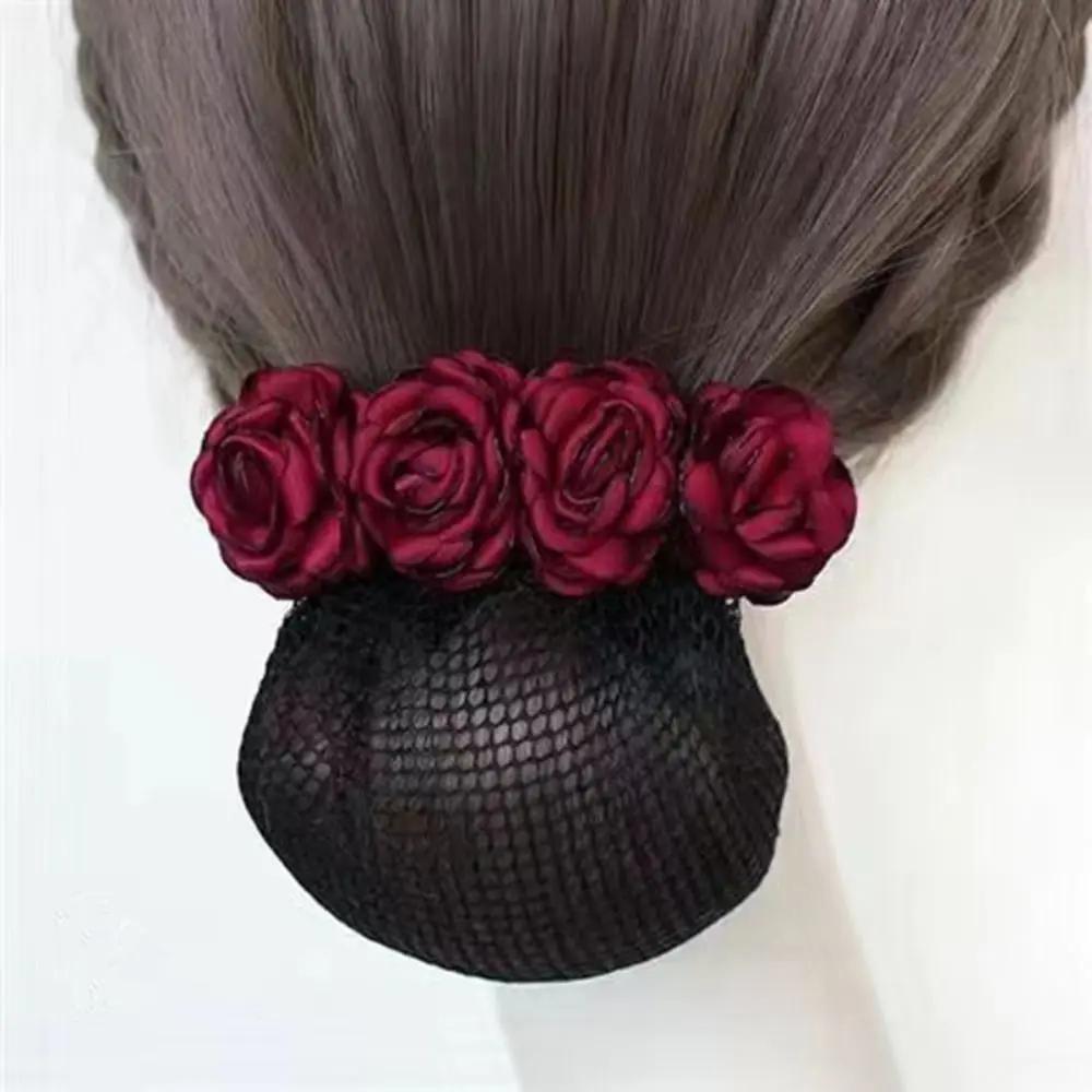 Women Hair Bun Cover Net Snood Hairnet Bow Barrette French Hair Clip Bow Ribbon Flower Hair Accessories for Banks Hotels Staff