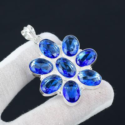 London Blue Topaz Gemstone Silver Antique Pendant, 925 Sterling Silver Pendant, Silver London Blue Topaz Jewelry, Pendant For Her, For Gifts