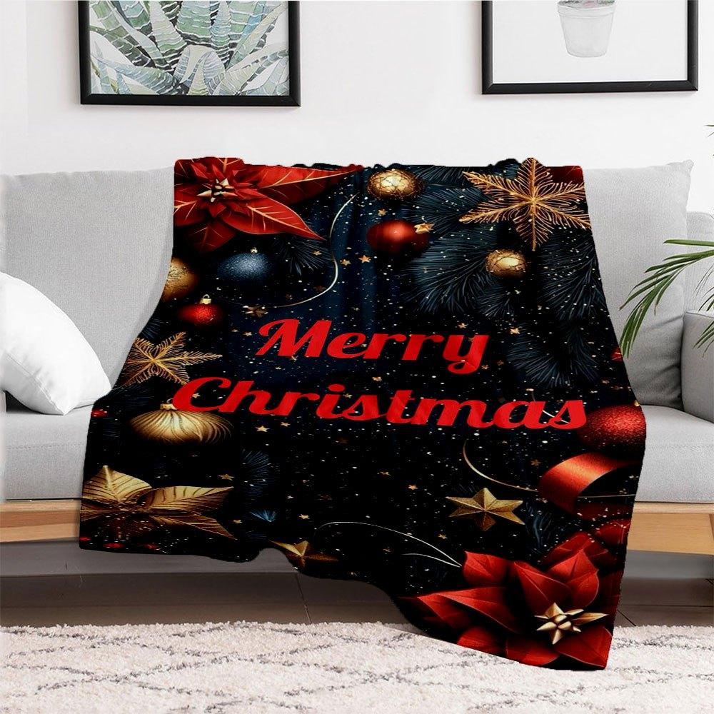 "Merry Christmas" Festive Ornament SetBlanket Flannel Throw Blanket for Sofa, Bed, Travel, Camping, Office