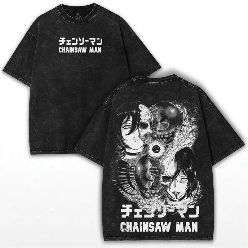 Chainsaw Man Reze (Bomben Teufel) Vintage gewaschenes Anime T-Shirt, Unisex Manga Fan Streetwear Tee, 100% Baumwolle Lässiges Kurzarm Oberteil