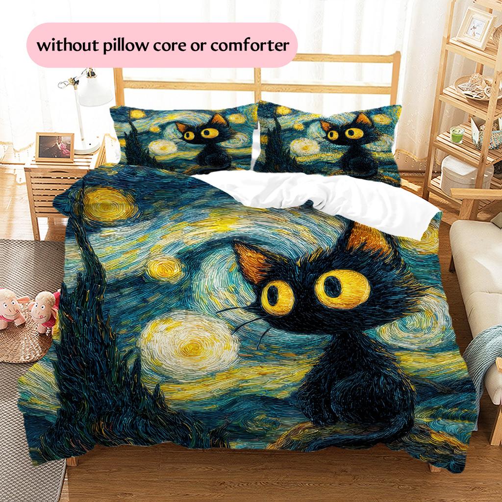 Starry Sky Black Cat  Pattern Bedding Quilt Set Quilt Cover Pillowcase Home Decoration  Gift (1 * Duvet Cover + 2 * Pillowcase, Without Core)