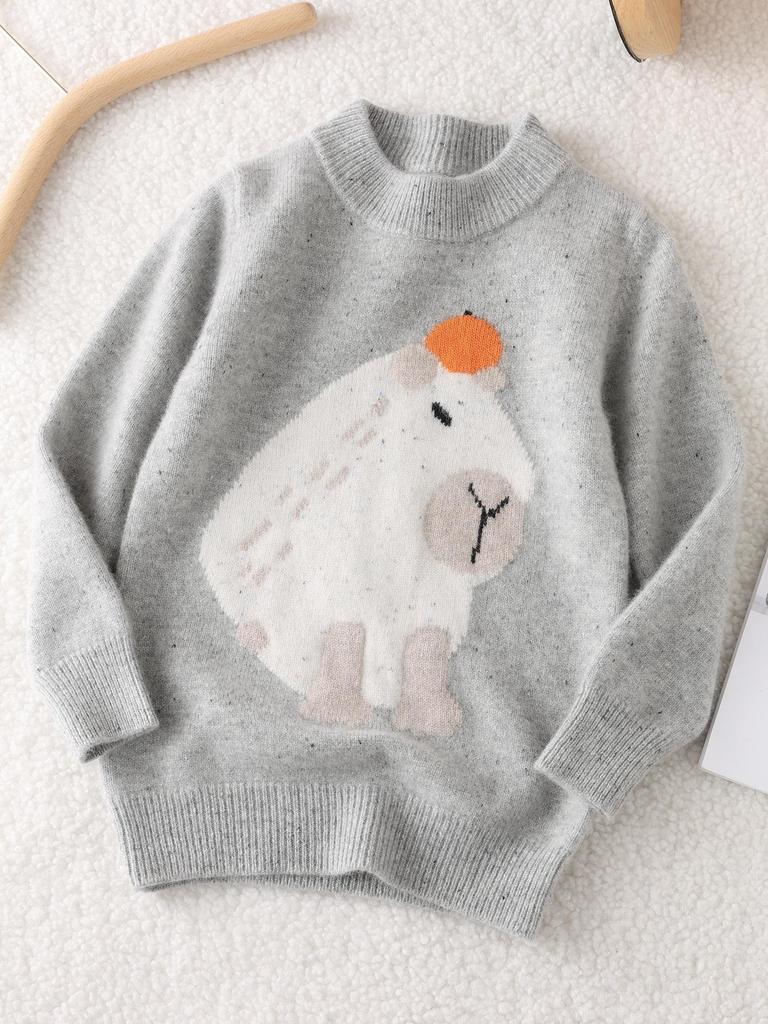 Hochwertiger 100% reine Wolle Kinder Pullover mit halbem Rollkragen Capybara Strick - Doppelfaden Verdickt