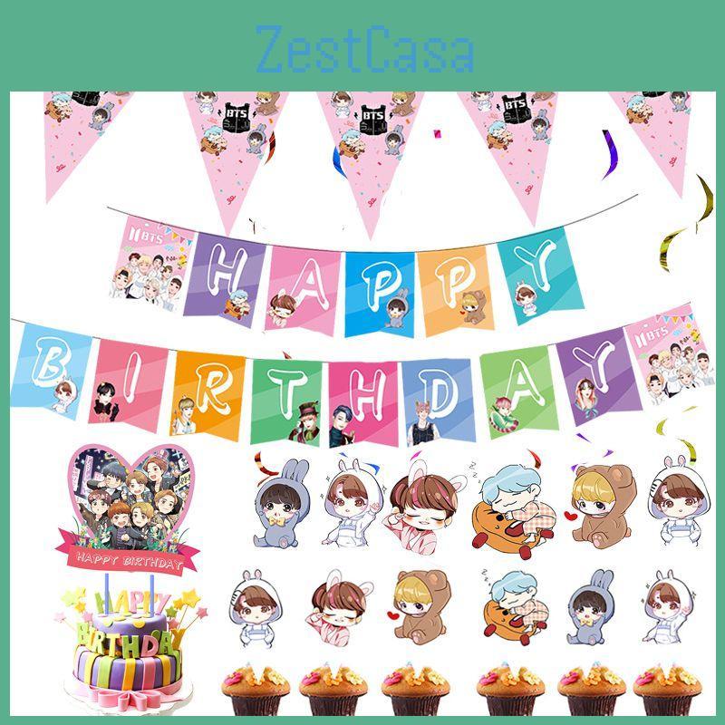 Festliche BTS-Motto-Geburtstagsparty-Artikel mit farbenfrohem Tortenaufsatz und fröhlichen Cupcake-Aufsätzen