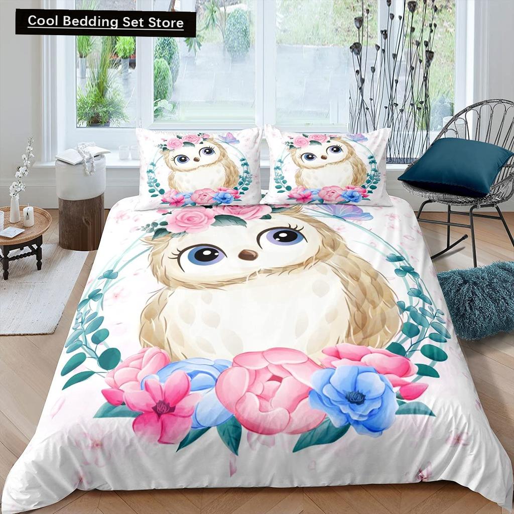 Black Owl King Queen Duvet Cover Moon Safari Bird Animal Bedding Set Lovely Wildlife Quilt Cover Grey Polyester Comforter Cover