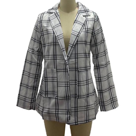 Women Suit Coat Lapel Long Sleeve Open Front Suit Jacket with Pockets Plaid Print