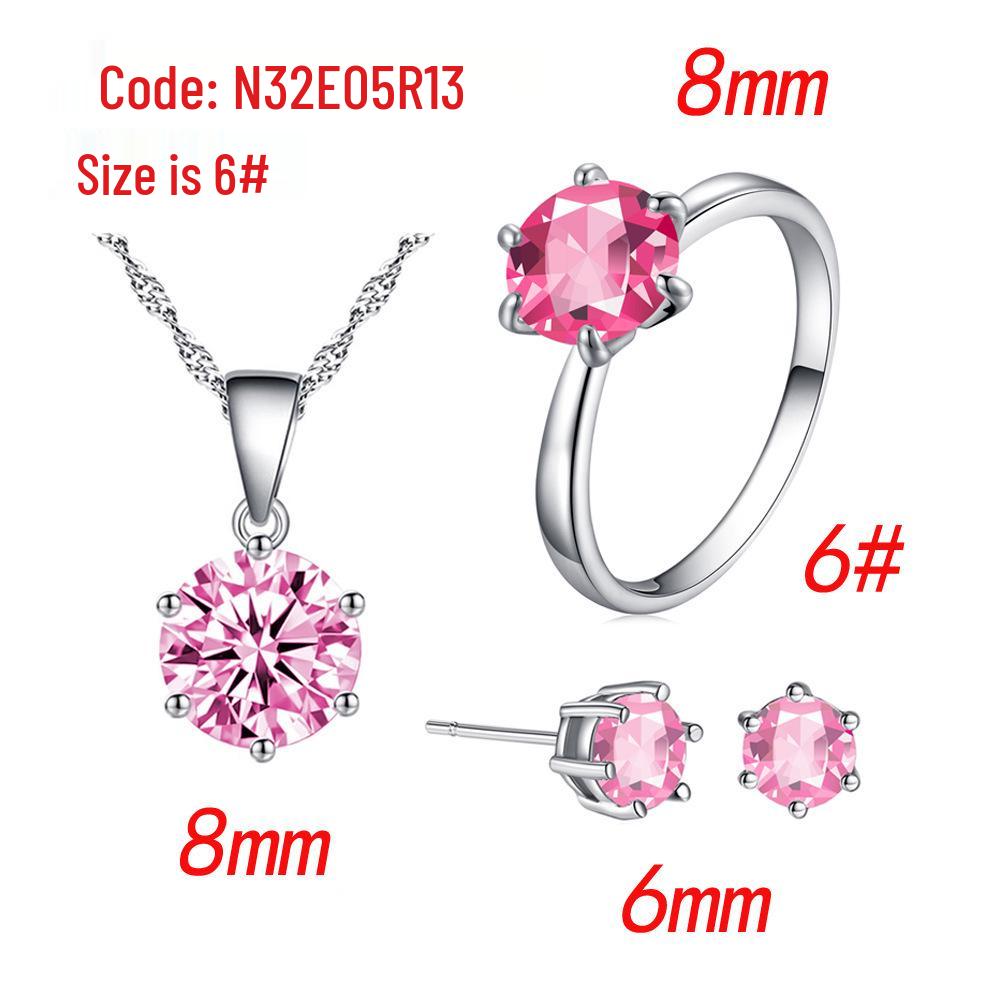 Korean Style Bridal Jewelry Set: Six-Prong Colored Zircon Necklace, Stud Earrings & Ring