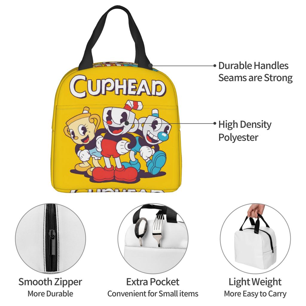 Custom Cupheads Resuable Lunch Box Women Men Leakproof Shooting Game Cooler Thermal Food Insulated Lunch Bag Office Work