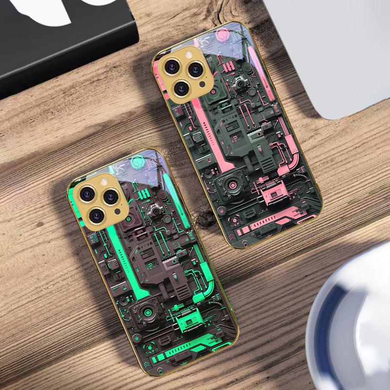 Yellow circuit board For IPhone 16 16Pro Max 15 P ro 14 13 Plus 12 Mini 11Pro Max XS Max XR Golden tempered glass phone case