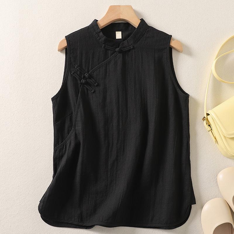 Chinese Vest Women Summer Sleeveless Blouse Retro Buckle Split Linen Shirt Soft