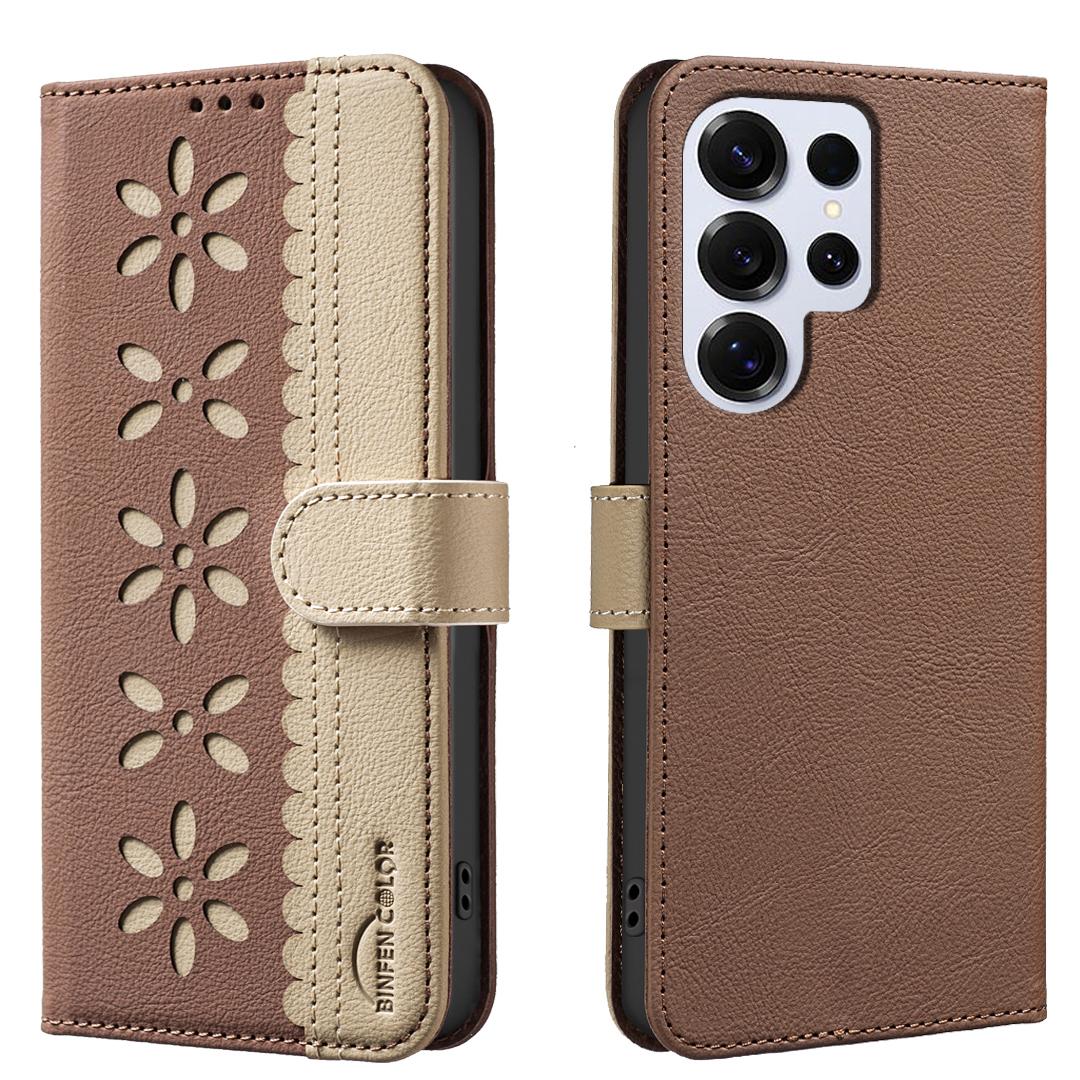 

For Samsung Galaxy S25 Ultra Leather Case BINFEN COLOR BF36 Floral Pattern Phone Cover RFID Blocking Wallet Stand E