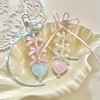 Sweet Heart Shape Pendant Keychain Bow Ribbon Beaded Key Chain For Women Phone Lanyard Backpack Decoration Accessories Gifts