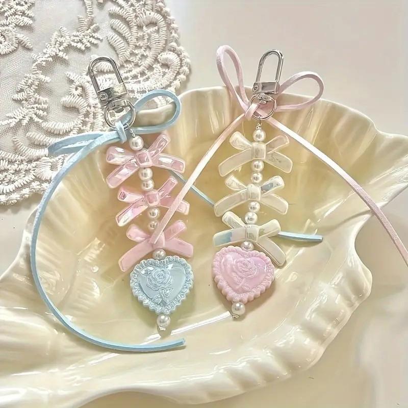 Sweet Heart Shape Pendant Keychain Bow Ribbon Beaded Key Chain For Women Phone Lanyard Backpack Decoration Accessories Gifts