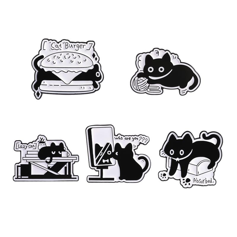 2-8pcs/set Cute Cat Enamel Pins Cartoon Big Eyes Black Kitties with Knife Animal Brooches Lapel Badge Jewelry Gifts For Friends