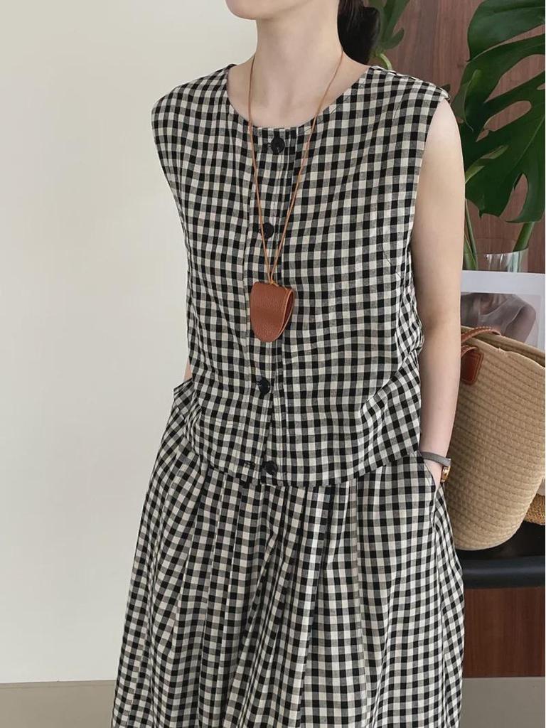 Taochuan Japanisches Retro-Karomuster Ärmellose Weste & High-Waist Elastisches Rock-Set für Damen