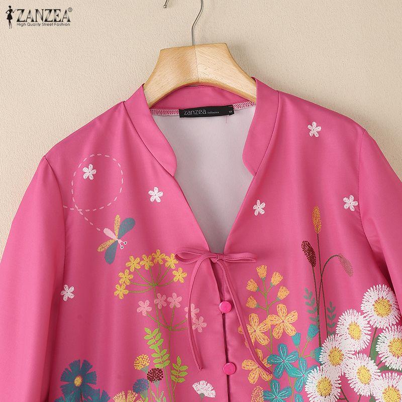 ZANZEA Women Casual V-Neck Floral Print Loose Long Sleeve Blouse