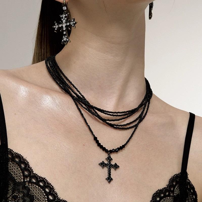 Multi-layer Combined Beaded Retro Cross Pendant Necklace European American Dark Wind Sweet Cool Niche Versatile Women Stack Neck Chain