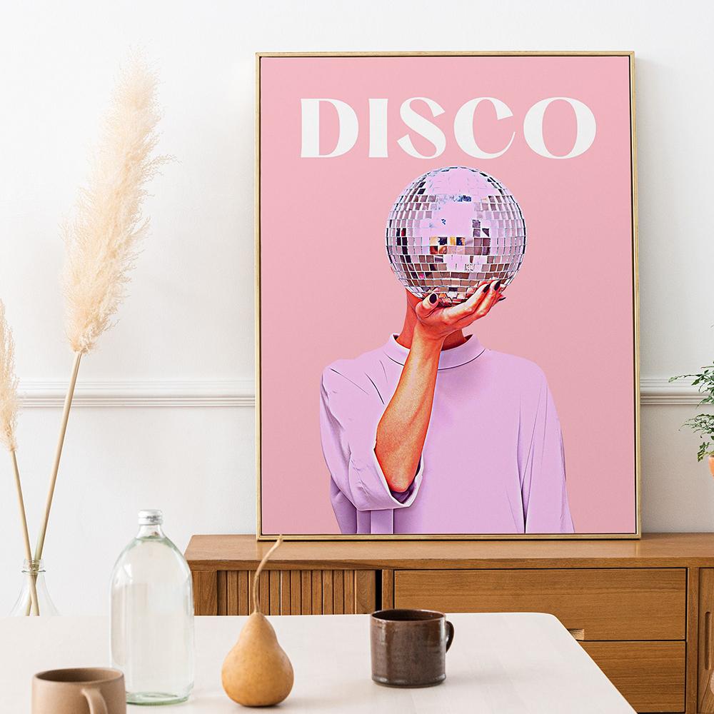 Pink Disco Print Vintage Wall Decoration Girl Ball Art Cavas Painting Pink Dormitory Decoration