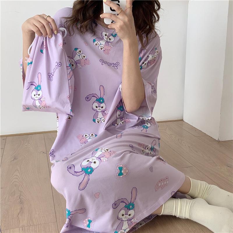 Girls' Summer, Spring and Autumn Short-sleeved Home Wear with Cute Cartoon Designs and Loose Style Pajamas and Nightgowns