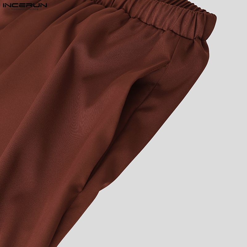 INCERUN Men Drawstring Elastic Waist Casual Long Wide Legs Pants Trousers